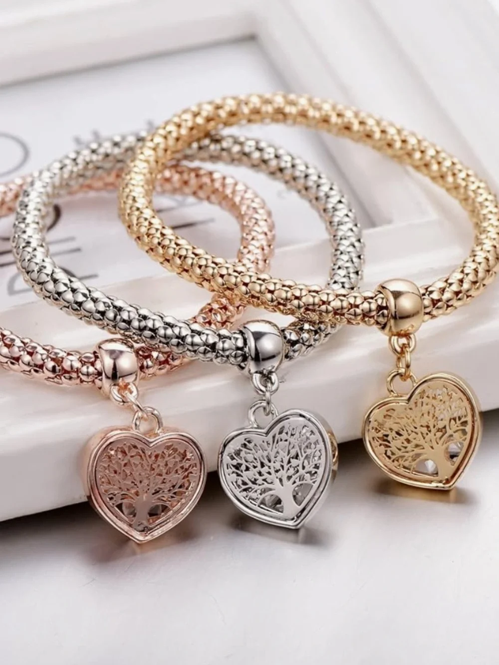 Anthropologie Three-Tone Heart Tree Charm Bracelet — Gold, Silver & Rose Gold
